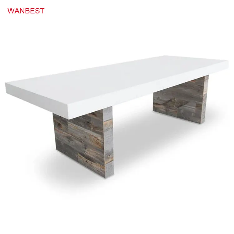 Mesa de comedor moderna con base de madera y superficie sólida coriana blanca