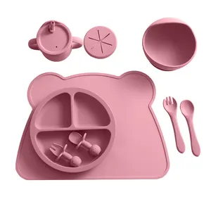 뜨거운 아기 실리콘 수유 세트 10 조각 접시 저어 실리콘 그릇 숟가락 유기농 실리콘 아기 수유 세트