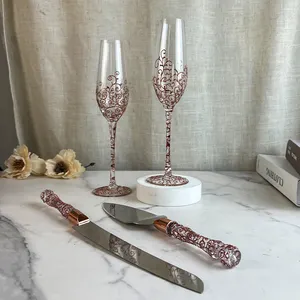 El yapımı 200ml gül altın resimleri desen kristal şampanya bardakları Goblets düğün flüt seti ile kek bıçağı kürek