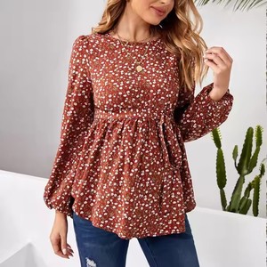 Vêtements <span class=keywords><strong>de</strong></span> maternité chemise imprimé fleuri femmes enceintes à manches longues col rond boutonné ceinture à volants haut <span class=keywords><strong>de</strong></span> <span class=keywords><strong>grossesse</strong></span> - Product Image 6