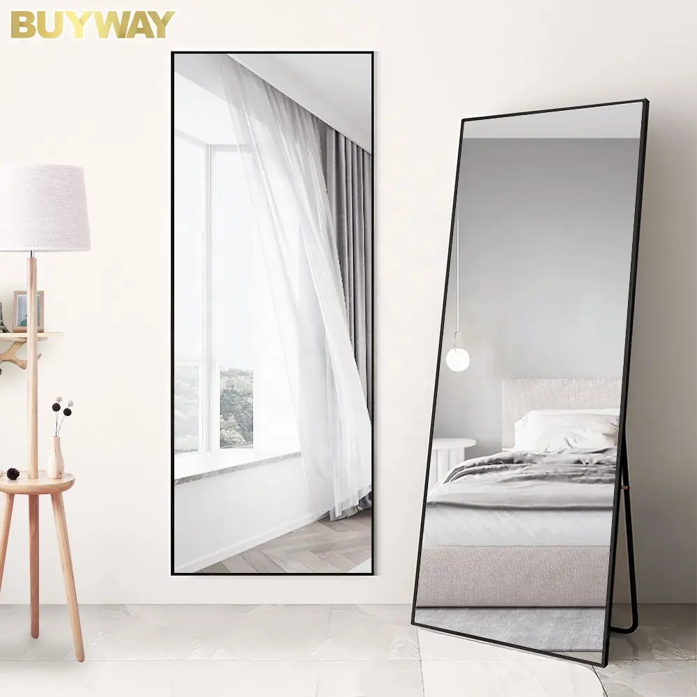 Espelho de piso de pé, comprimento total, pendurado ou reforçado contra a parede, retangular grande, espelho de vestir para quarto
