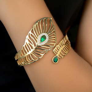 Bracelet manchette en plumes de paon plaqué or, acier inoxydable 316L, incrustation de pierres vertes, bijoux de mode pour femmes - Product Image 3