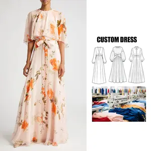 Europa Proveedor de Ropa personalizado al por mayor 2024 señora verano vestido estampado floral Boho gasa elegante casual Maxi vestido de mujer