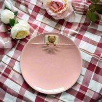 Assiette de table en porcelaine fine bleue et rose, motif ours de dessin animé, écologique, avec couvercle, vaisselle mignonne