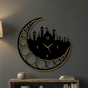 Reloj de Pared Metálico de Ramadán con Diseño de Luna Creciente y Mezquita, Cuarzo Analógico Silencioso, Decoración Colgante para Sala de Estar, 24x24 Pulgadas - Product Image 4