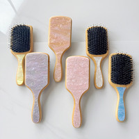 Sikat Rambut Baru dari Kayu dengan Resin di Bagian Belakang, Motif Bunga, Sikat Rambut Asetat dengan Logo, Sikat Pengering Rambut Bulu Babi dari Bambu