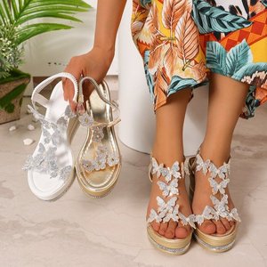 Sandales compensées papillon à strass, bout ouvert, bride cheville, plateforme, chaussures habillées d'été - Product Image 1