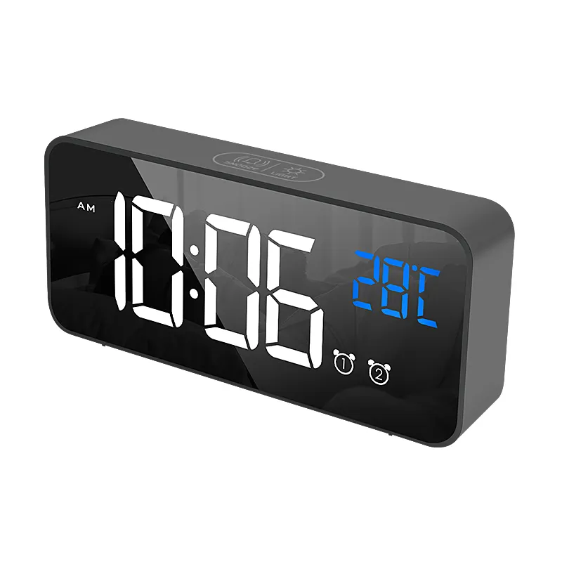 Reloj despertador de música de mesa con pantalla Digital LED recargable de alta calidad, con espejo, 2 ajustes de alarma