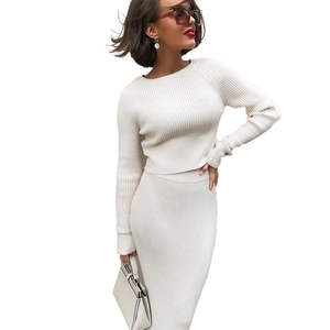 Conjunto de Dos Piezas de Falda y Suéter de Punto Casual para Mujer, Otoño, Ajustado, Tops Cortos - Product Image 1