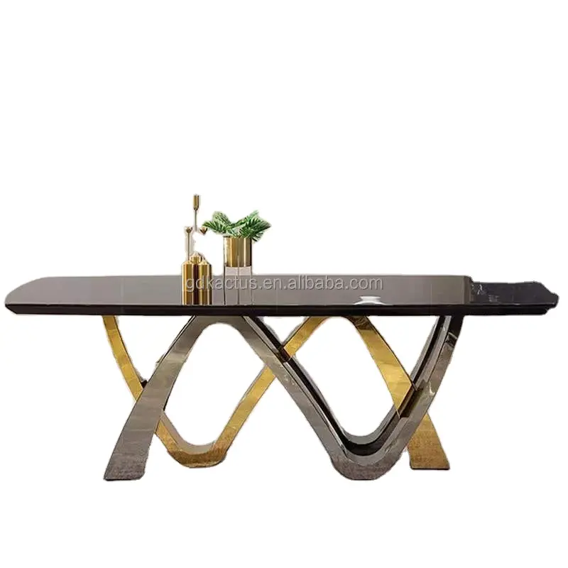 Usage domestique Artistique couleur noire dessus en marbre cadre en acier inoxydable table à manger avec 8 pièces chaises ensembles de table à manger