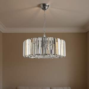 Modern 17 Inch Chrome Crystal Pendant Chandelier E26 Base Adjustable Hanging <b>Light</b> Fixture For Living Room Round Drum Shape - Product Image 2