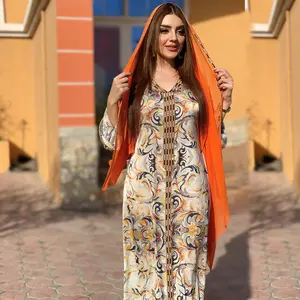 CY105 Elegant Abaya Dubai Satin Dress Muslim Islamic Clothing Women Floral Printed Gown Robe V-neck Long Sleeve for Sale