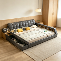 Smart-Bett King Size Gestell mit TV, Modernes Doppel-Lederbett Queen Size, Projektor Tisch Schlafzimmermöbel, Polster Smart-Bett