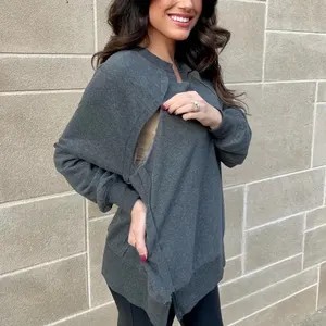 Felpa Oversize in Pile Spandex/Cotone per Allattamento Grigio Scuro con Cuciture a Vista, Top <span class=keywords><strong>Premaman</strong></span> Traspirante con Cerniere Oblique Nascoste - Product Image 3