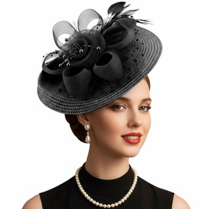 HZO-26031 Populaire Coiffe en maille fleurie, accessoire capillaire en paille tressée et plumes, pour courses hippiques, festivals, goûters, mariages et bals de promo - Product Image 1