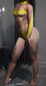 NOVANCE Combinaison Femme 2023 Diamants Sexy Bodycon Spandex Jaune Barboteuses Bar Sets Club Wear Performance Body pour Bar de Scène