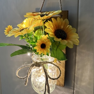 2 lampes murales rustiques en bois de style Mason Jar avec fleurs artificielles tournesol et pivoine, décoration festive de Noël pour le <span class=keywords><strong>salon</strong></span> - Product Image 3