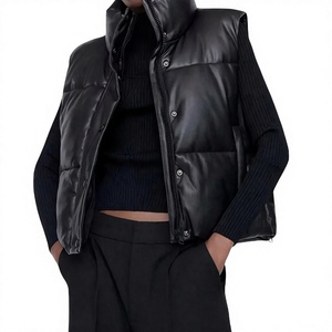 New Fashion <b>Women</b> PU Leather Knitted Padded Short Vest Waistcoat <b>Sleeveless</b> Winter Warm Loose Tops <b>Coat</b> Stand Collar - Product Image 4