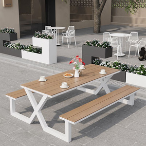 Hiện đại ngoài trời bền sắt kim loại gỗ vuông dính liền công viên Bàn và ghế đặt cho sân và danh lam thắng cảnh khu vực - Product Image 6
