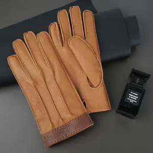 Luxury Winter Warm Fur Lined Black Brown Mens Deerskin Car Driving Leather Gloves For Men