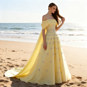 लक्जरी मंजिल-लंबाई साम्राज्य कमर-लाइन प्रोम शाम पोशाक वी-गर्दन आर्बियल पीले साटन डुबाई चैपल ट्रेन महिला शादी अतिथि - Product Image 6
