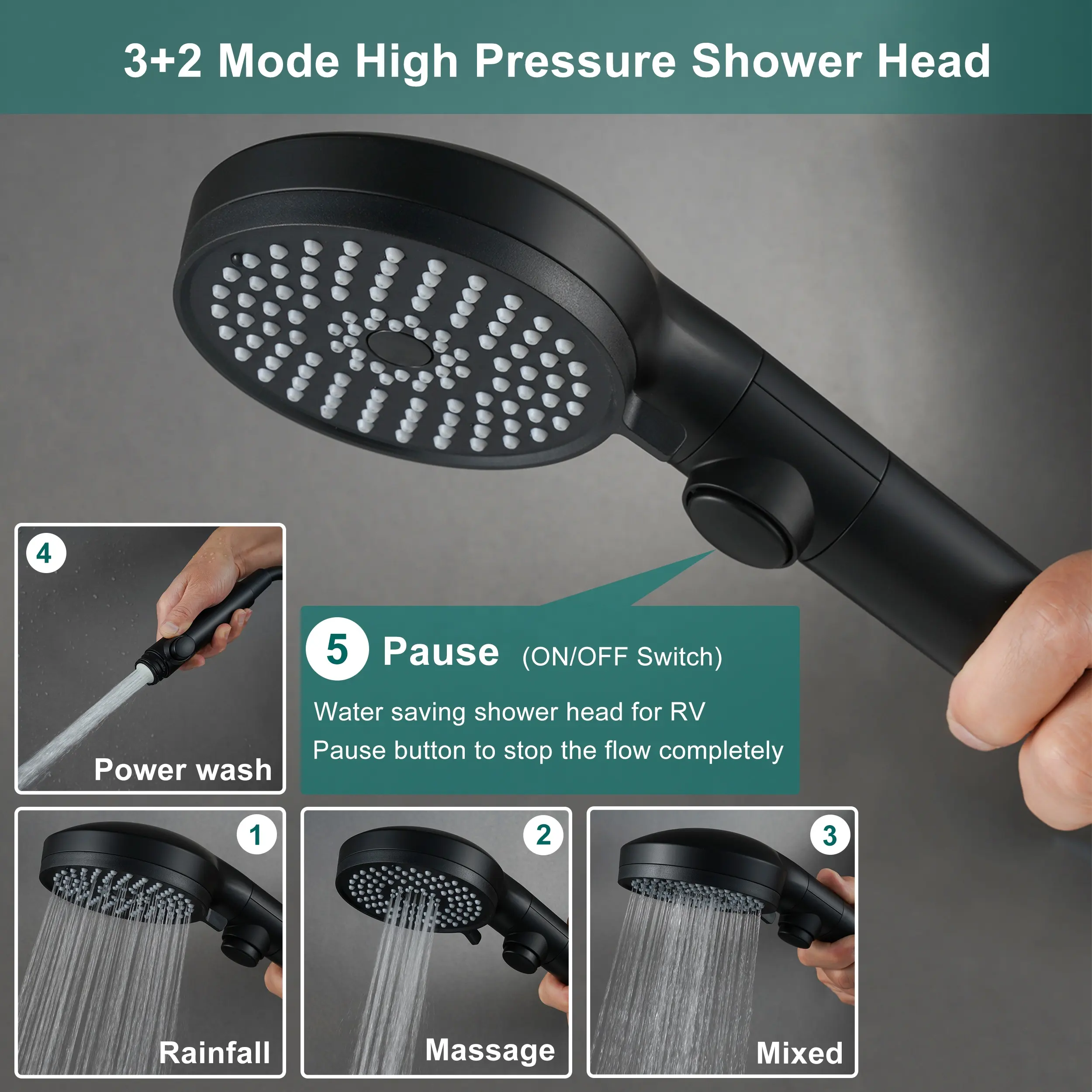 Phòng tắm vòng 3 + 2 chế độ cao pressureh đen cầm tay vòi sen đầu với On Off Switch