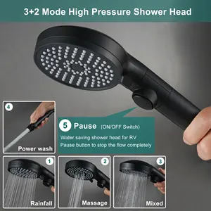 Pommeau de douche rond 3 + 2 modes haute pressureH noir avec interrupteur marche/arrêt pour salle de bain