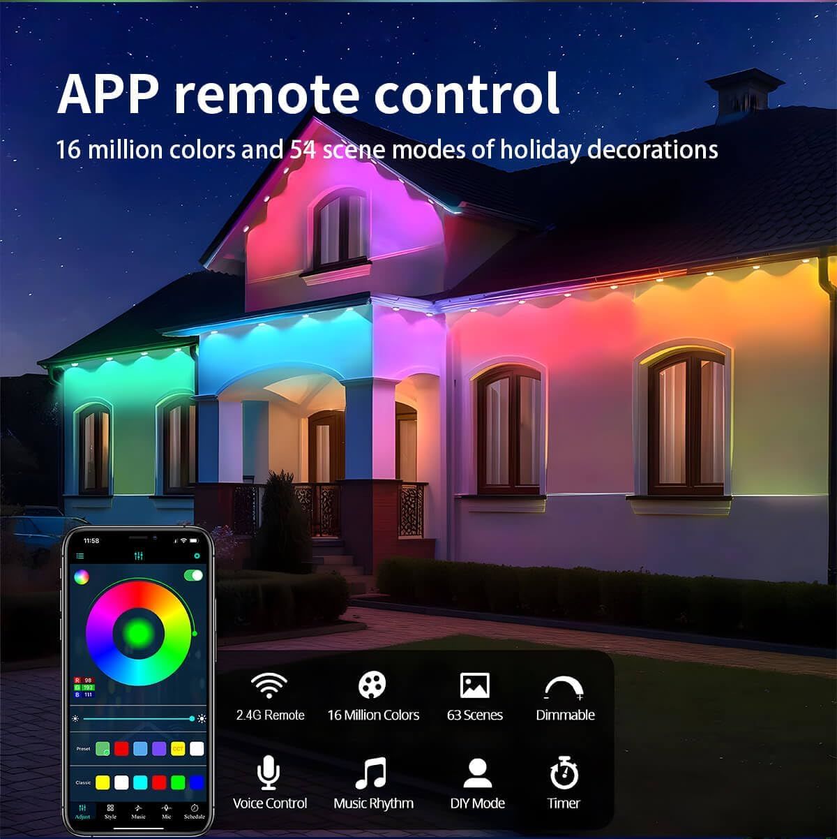 50ft Smart Permanent Outdoor Lights - RGB-IC Eave Lights, APP Control, IP67 Waterproof