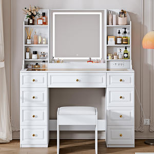 Coiffeuse de 57,5 pouces de haut <span class=keywords><strong>avec</strong></span> grand miroir et lumières intégrées, 9 tiroirs, <span class=keywords><strong>bureau</strong></span> de toilette en bois pour la chambre à coucher, meubles de maison - Product Image 1