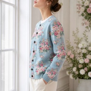 <span class=keywords><strong>Cardigan</strong></span> en tricot à imprimé <span class=keywords><strong>floral</strong></span> pour femme, manches longues, boutonné, col rond, bordure côtelée, rose vintage, bleu poussière, automne hiver - Product Image 3