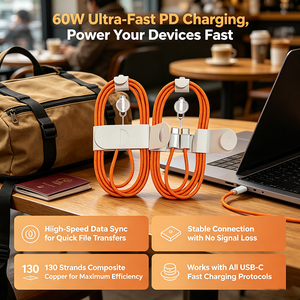 สายชาร์จเร็วแบบถัก 60W USB-C to USB-C <span class=keywords><strong>130</strong></span> เส้นทองแดง สำหรับ <span class=keywords><strong>iPhone</strong></span> 15 17 <span class=keywords><strong>Pro</strong></span> Max CC48 คุณสมบัติความเร็วสูง - Product Image 2