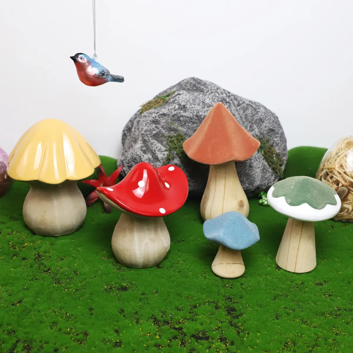 2024 nouveau Design mignon joyeuses pâques décoration printemps jardin en céramique flocage champignon Figurine décoration colorée