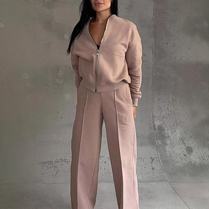 Dropshipping Shopify New <b>Womens</b> Zip <b>Jacket</b> Wide Leg Pants Two Piece Set Casual Lounge Outfit For Fall Winter - Product Image 2