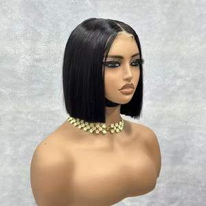 Parrucca Corta Nera Liscia da <span class=keywords><strong>Donna</strong></span> con Parte Centrale, <span class=keywords><strong>Bob</strong></span> 2x6 con Frontale in Pizzo, Doppia Tessitura, Liscia come un Bastoncino - Product Image 3