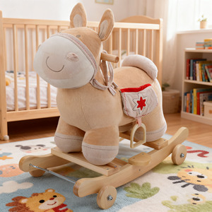 ของเล่นเด็ก ตุ๊กตาไม้โยกทรงม้าสีเบจ ลาสองตัวในหนึ่งเดียว ของเล่นขี่ได้ เป็นของขวัญวันเกิดสำหรับเด็ก - Product Image 3
