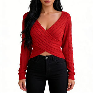 Nouveau <span class=keywords><strong>Pull</strong></span> Tricoté Femme 2026 Col V Croisé <span class=keywords><strong>Sexy</strong></span> Manches Longues Couleur Unie Décontracté Automne Printemps - Product Image 1