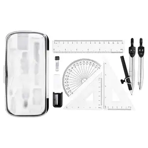 10 Piece Math Kit Comprend Compas Graphite Gomme Taille-Rapporteur Triangles Règle et Boîte de Transport