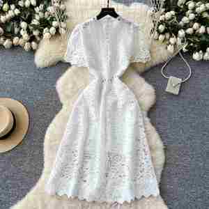 Vestido Midi Casual de Verano 2025 para Mujer, Tejido Ecológico, Transpirable, Antiarrugas, Estilo Túnica Romana, Corte A, con Encaje Hueco y Cintura Imperio - Product Image 3