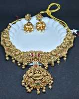 Parure de bijoux de mariage de luxe vintage traditionnelle plaquée or 24 carats en alliage avec collier ras-du-cou et boucles d'oreilles à fermeture Dori réglable