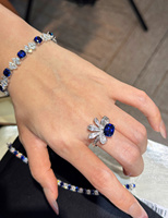 Fabrication de bijoux fins, cadeau pour femme, boucles d'oreilles et bague serties de saphirs ovales et de diamants de laboratoire, bijoux de luxe sur mesure