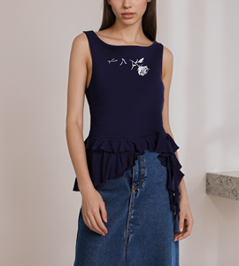 Professional High Quality ODM & OEM Navy Blue Women's Summer Top Rose Embroidered Knitted Vest Casual Short Sleeveless