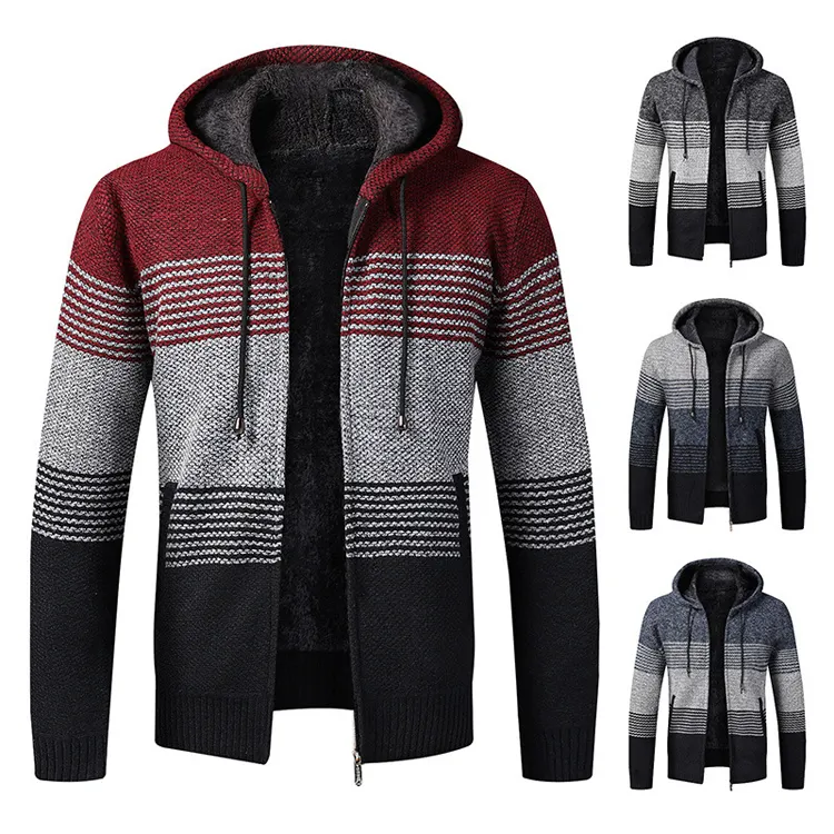 Mens Fashionable Loose Thickened Color Matching Hooded Sweater Cardigan OEM Winter Sweater Coat