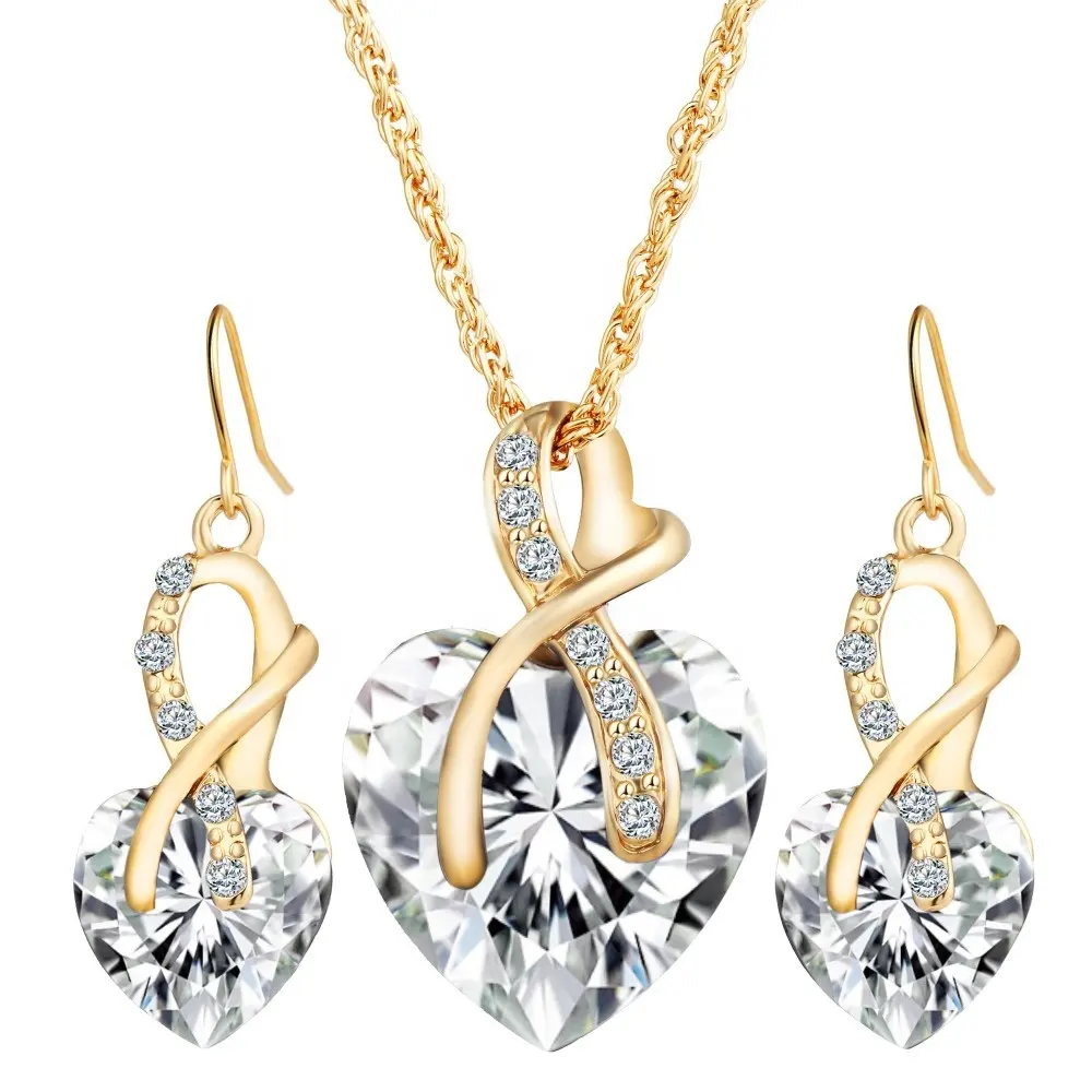 Women Heart-shaped artificial Austrian crystal zircon earrings necklace set jewelry