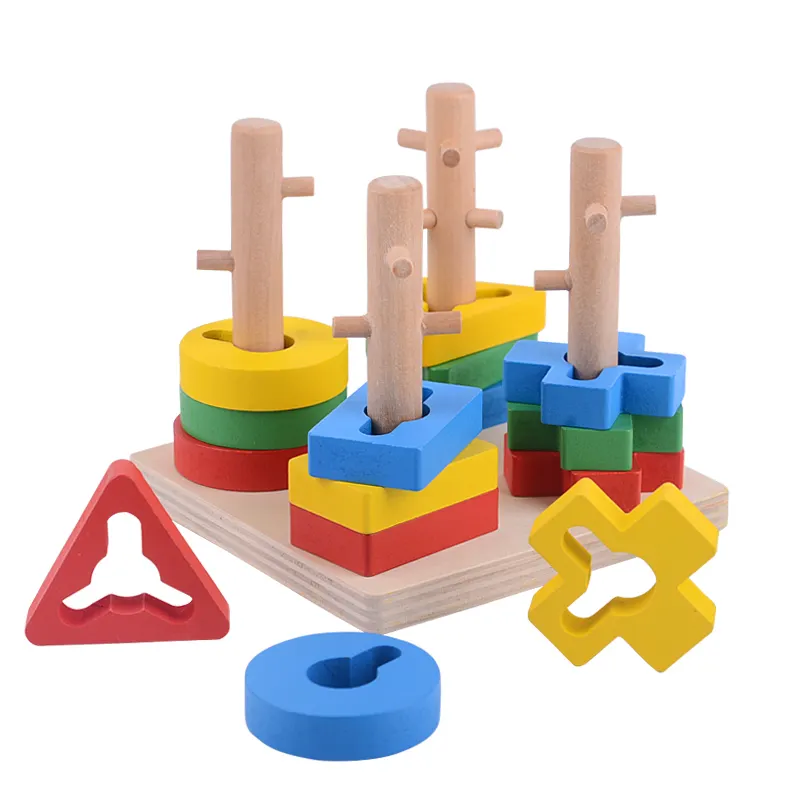 Wood Block Toy Multi-Colored Geometric Shapes Matching Wooden Shapes Puzzle Games Stacking Blocks For Children