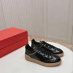 Baskets basses décontractées en cuir noir avec semelle en caoutchouc, style rétro, à lacets, pour hommes et femmes - Product Image 1