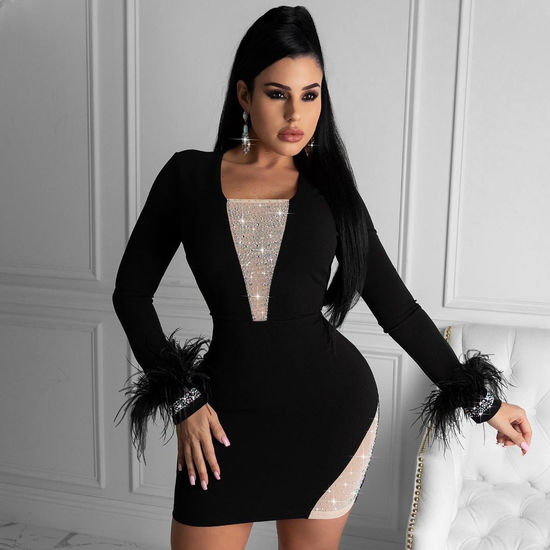 chinese dress ladies Black Swiss Dot Ruffle Sleeve Dress