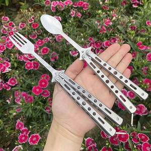 FS-4520 tactique <span class=keywords><strong>Balisong</strong></span> formateur pliant en acier inoxydable 2 pièces papillon fourchette cuillère ensemble pour voyage Camping chasse BBQ cuisine - Product Image 6