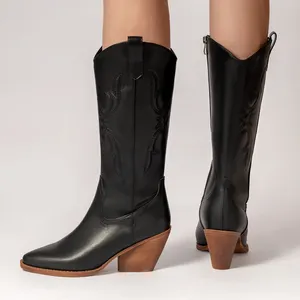 2024 New Black PU Leather Embroidery Picture Thick Heel Waterproof Knee-high Boots Knight Boots Western Cowboy Boots