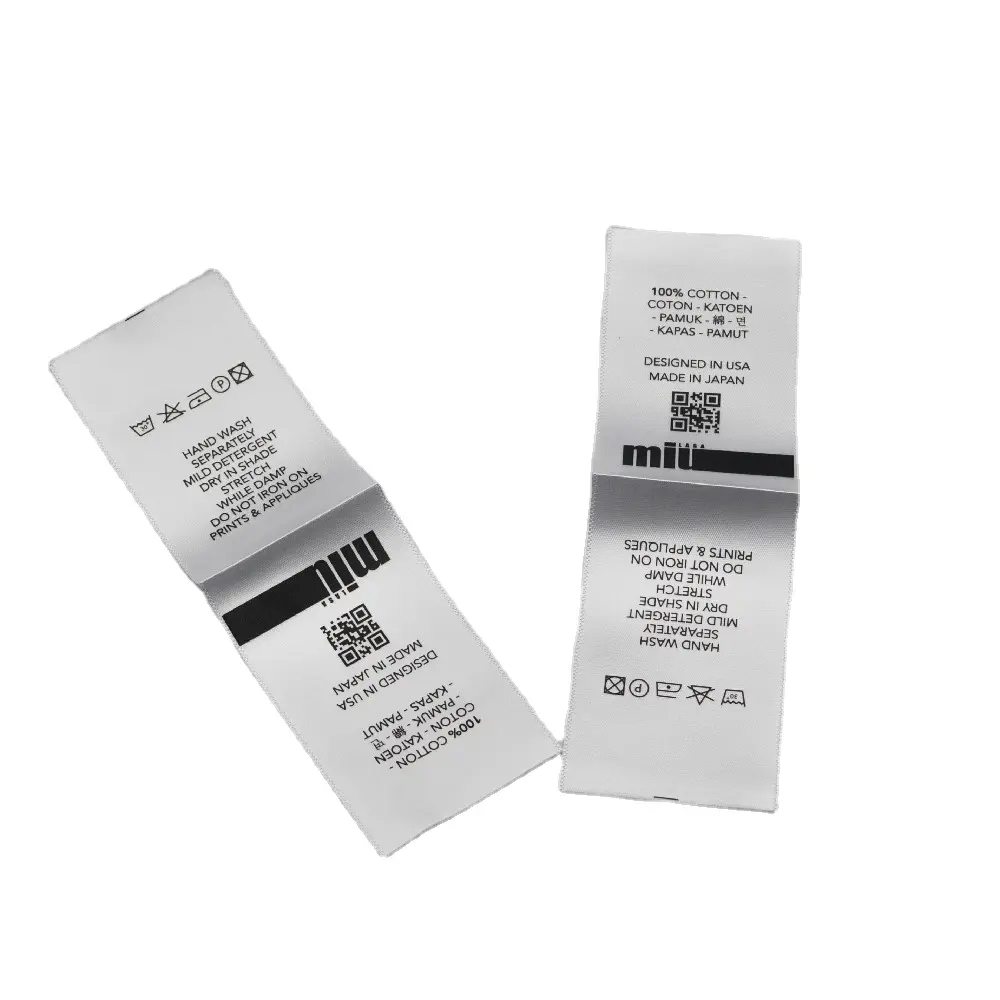 Label pakaian cetak ramah lingkungan kustom garmen pita katun lembut putih nilon Taffeta Label perawatan Satin untuk garmen