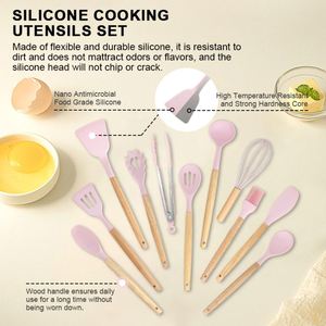 Kaimi Wooden Handle Silicone Kitchenware Set Baking <b>Tool</b> <b>Storage</b> Bucket Non Stick Spatula Kitchen Utensils Cooking Set - Product Image 2